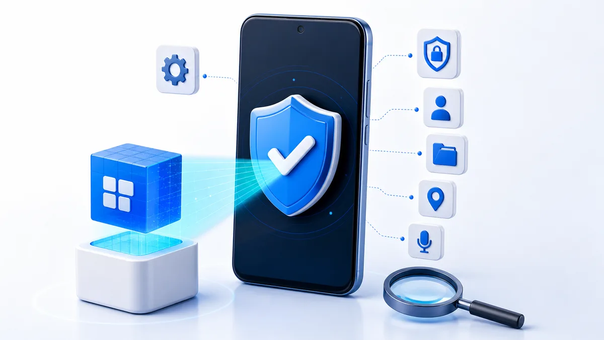 Ilustración de un teléfono verificando la seguridad y los permisos de una aplicación