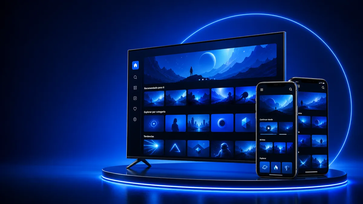 Interfaz multimedia azul mostrada en televisor y teléfonos