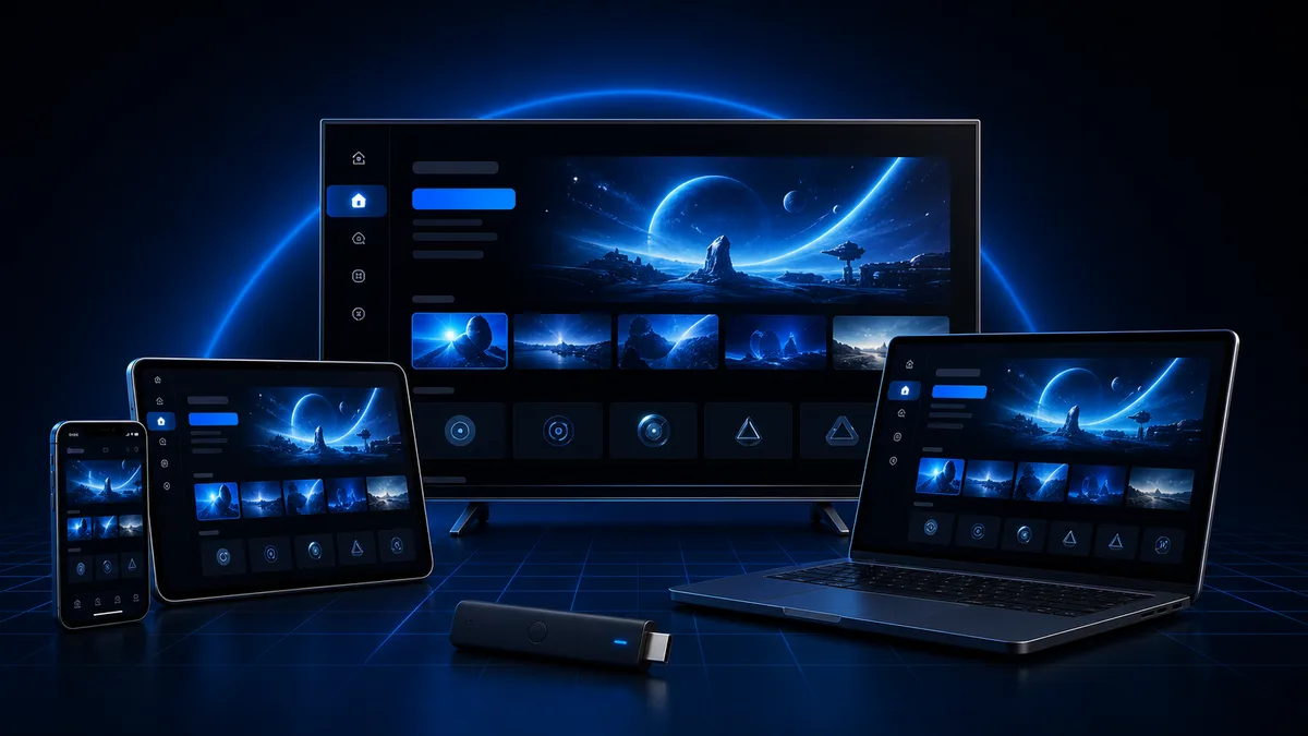 Film App representada en teléfono, tableta, ordenador, televisión y dispositivo de streaming